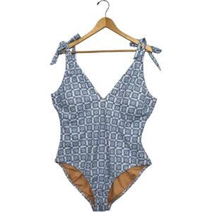 New J Crew Swimsuit Womens 2X Blue White Floral Tie Shoulder One Piece Beach